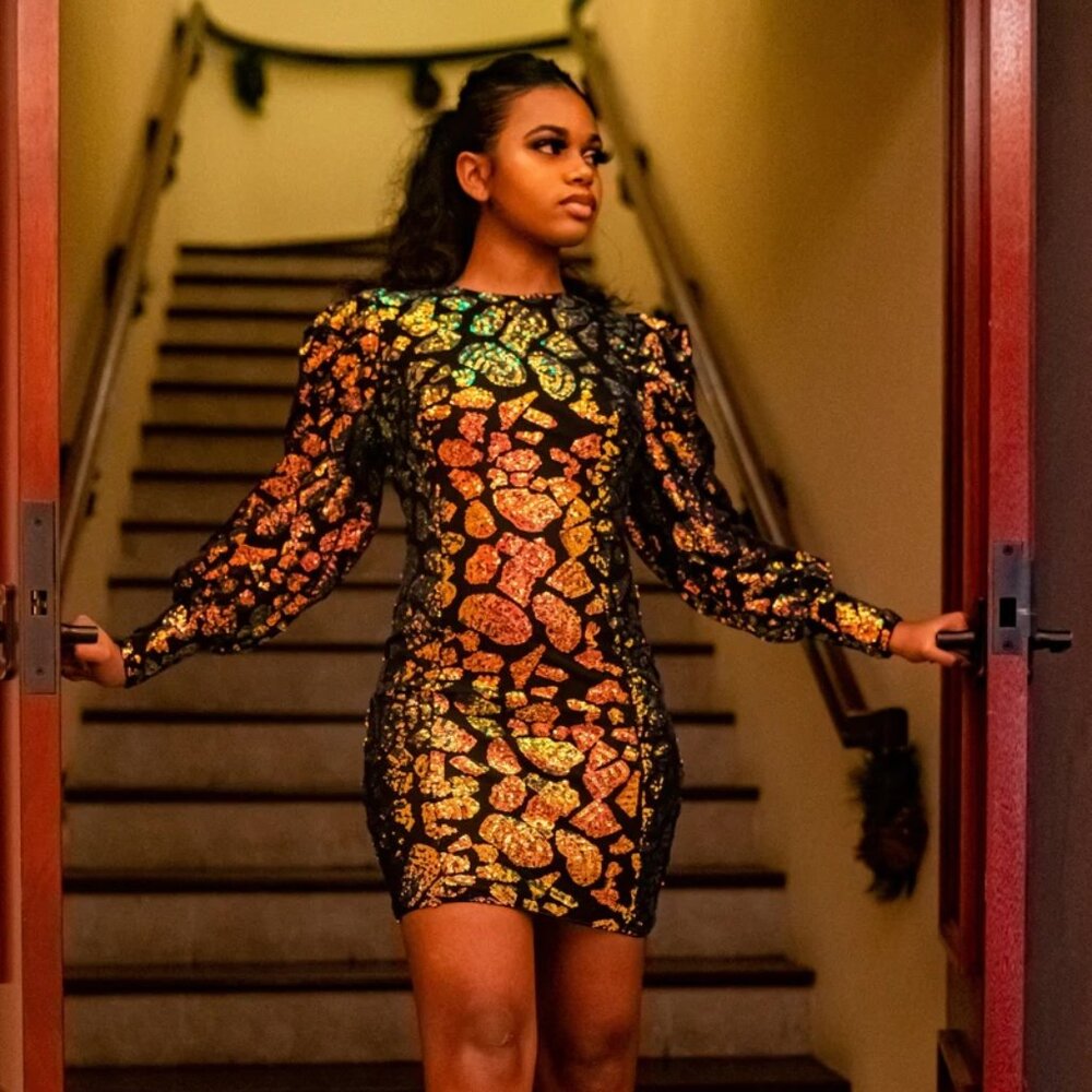NEW! Multicolor Sequin Puff Shoulder Long Sleeve Bodycon Mini Dress - Picture 2 of 6